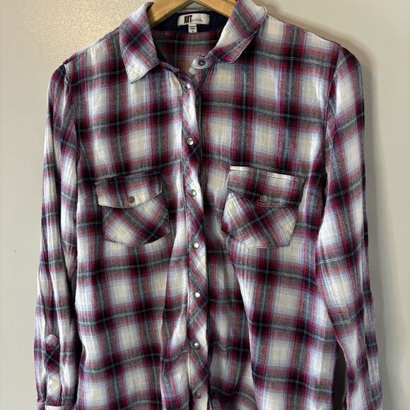 Kut From The Cloth Womens Plaid Button Up Top Maroon Long Sleeve Snaps S… - Picture 2 of 7
